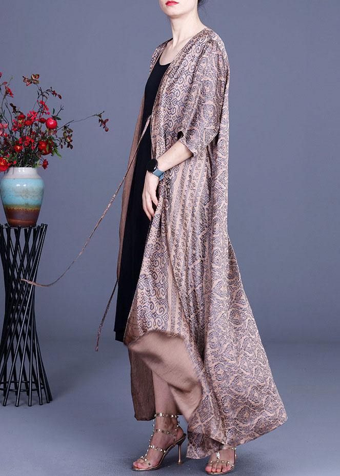 DIY Green Print side open chiffon Loose Long Cardigans