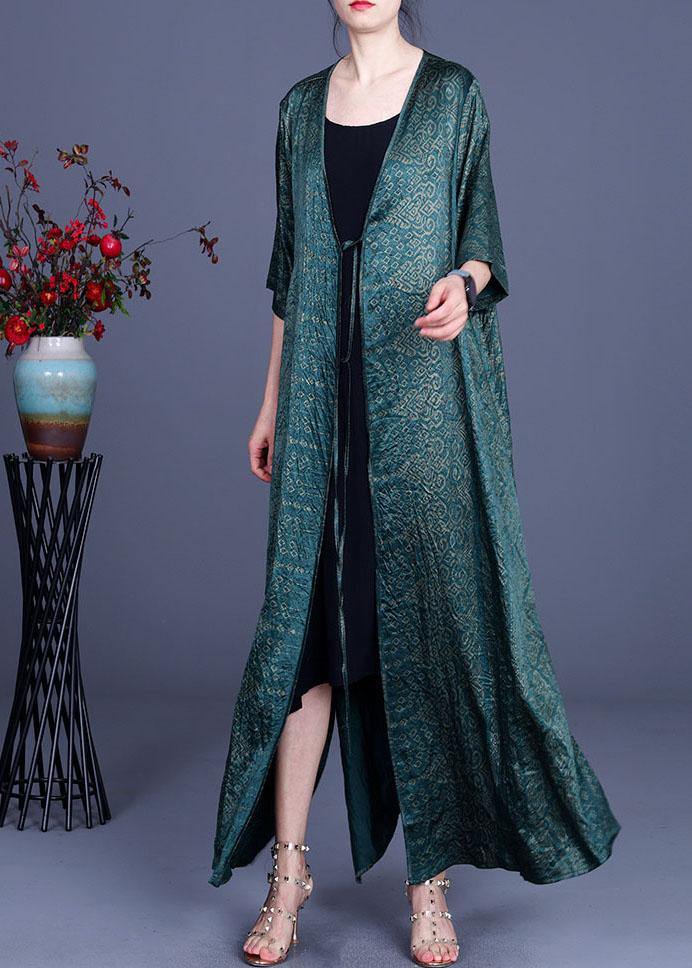 DIY Green Print side open chiffon Loose Long Cardigans