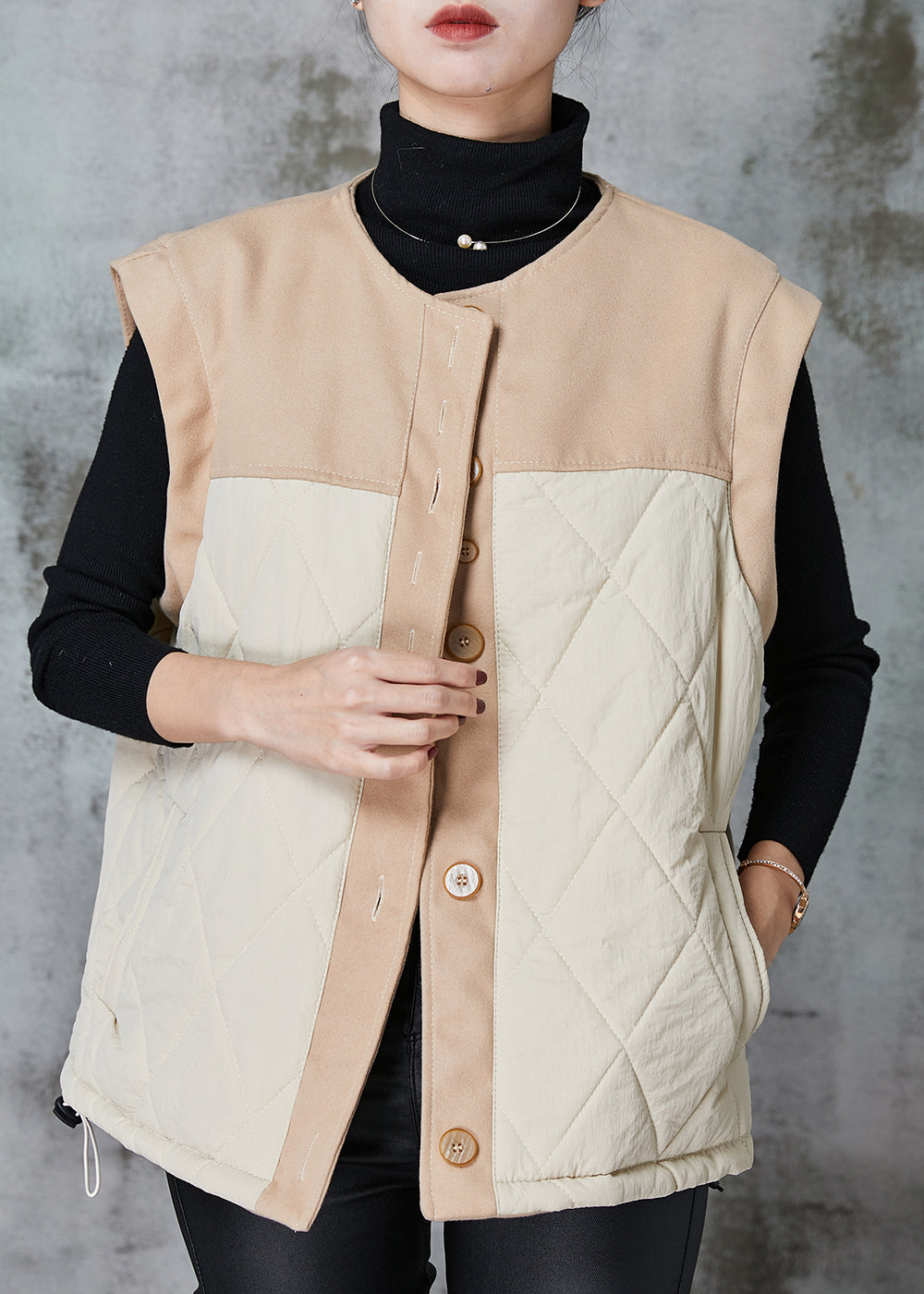 DIY Khaki Oversized Patchwork Fine Cotton Filled Puffers Vests Spring