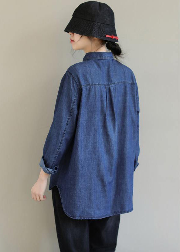 DIY Lapel Pockets Spring Clothes For Women Pattern Denim Blue Shirt