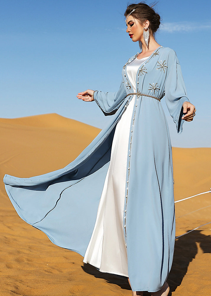 DIY Light Blue V Neck Embroideried Button Maxi Holiday Silk Cardigans Fall