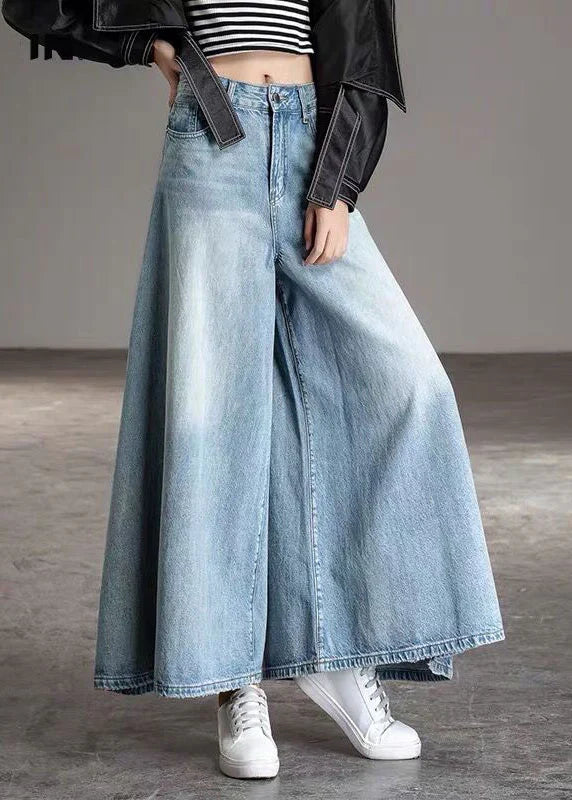 Bohemian Blue High Waist Pockets Wide Leg Fall Denim Pants