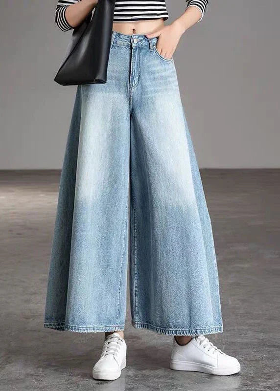 Bohemian Blue High Waist Pockets Wide Leg Fall Denim Pants