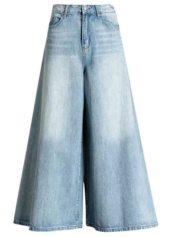 DIY Light Blue-chrysanthemum fashion Pockets Casual Wide Leg Fall Denim Pants