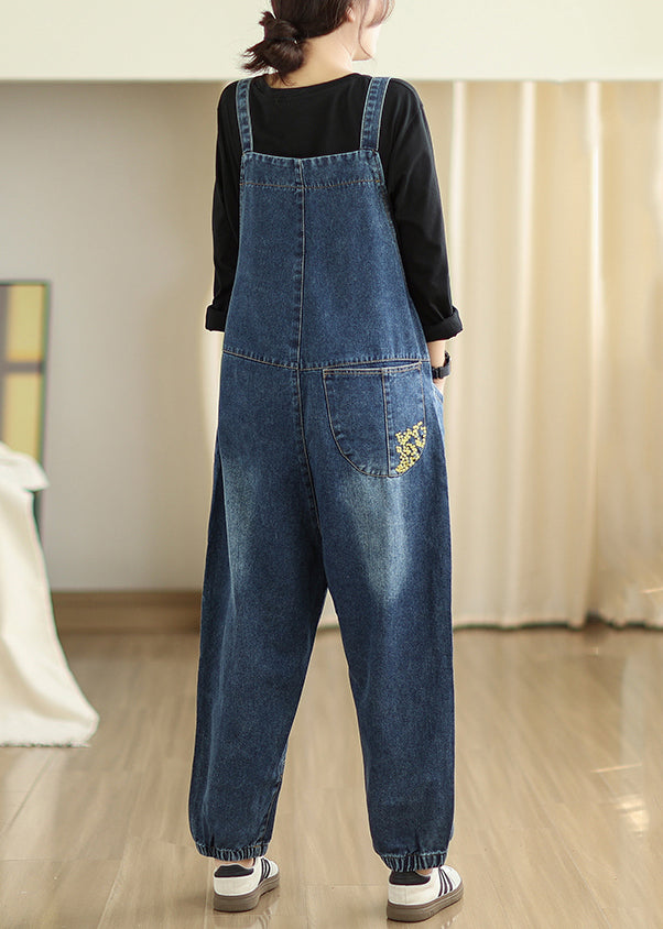 DIY Navy Embroidered Patchwork Denim Jumpsuits Spring