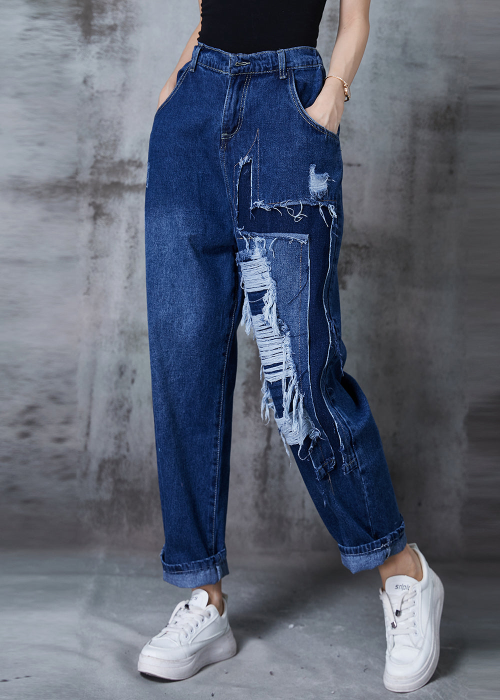 DIY Navy Oversized Patchwork Denim Ripped Jeans Pants Fall