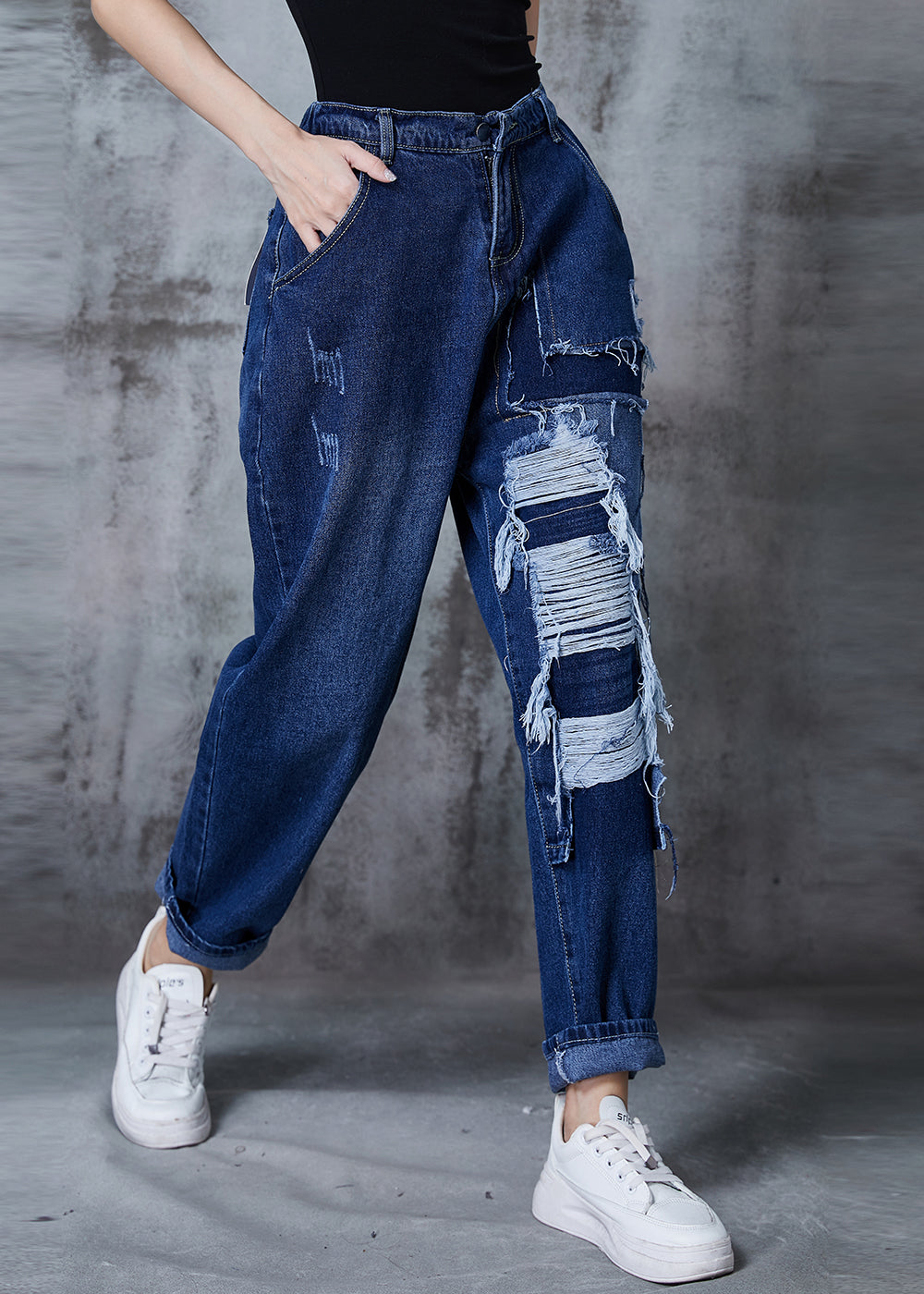 DIY Navy Oversized Patchwork Denim Ripped Jeans Pants Fall