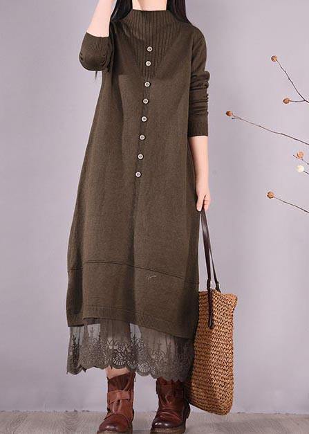 DIY O Neck Patchwork Lace Spring Tunics Linen Chocolate A Line Dress