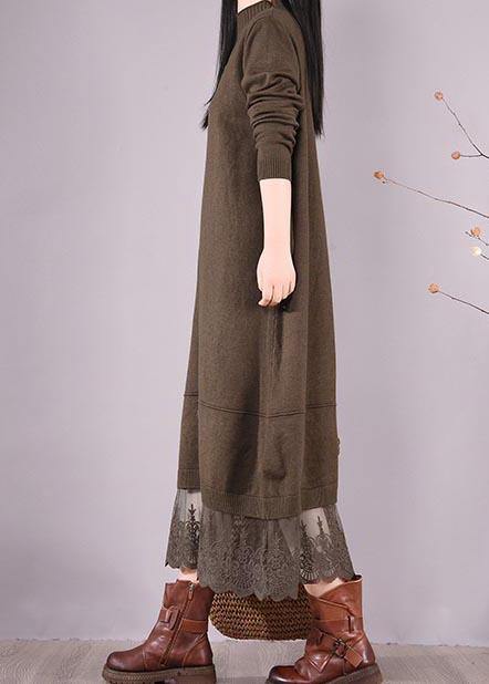 DIY O Neck Patchwork Lace Spring Tunics Linen Chocolate A Line Dress