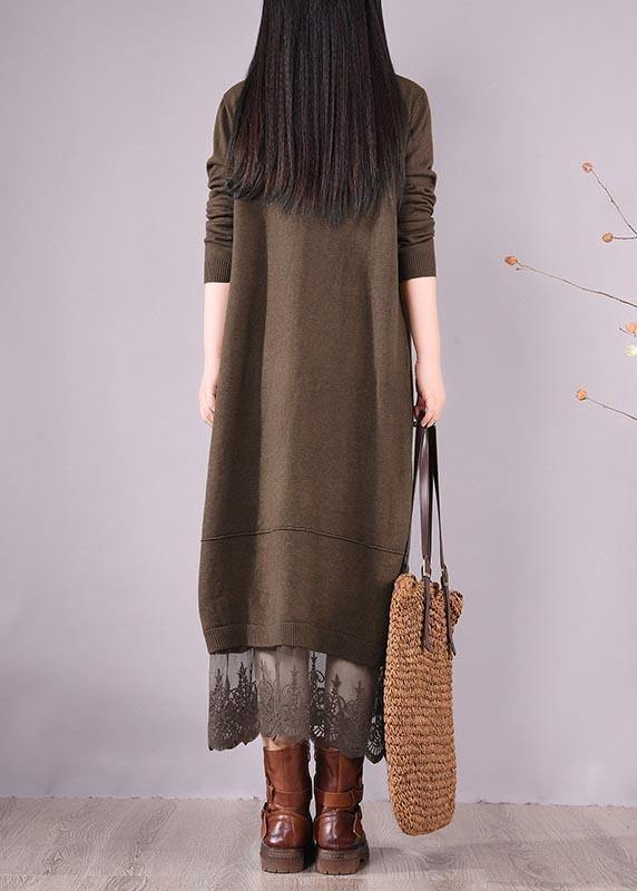 DIY O Neck Patchwork Lace Spring Tunics Linen Chocolate A Line Dress