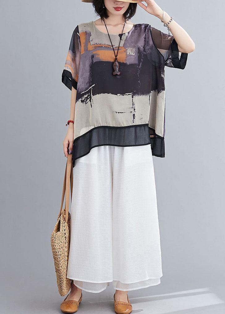 DIY Purple Print Chiffon tops White Wide Leg Summer Two Pieces Set