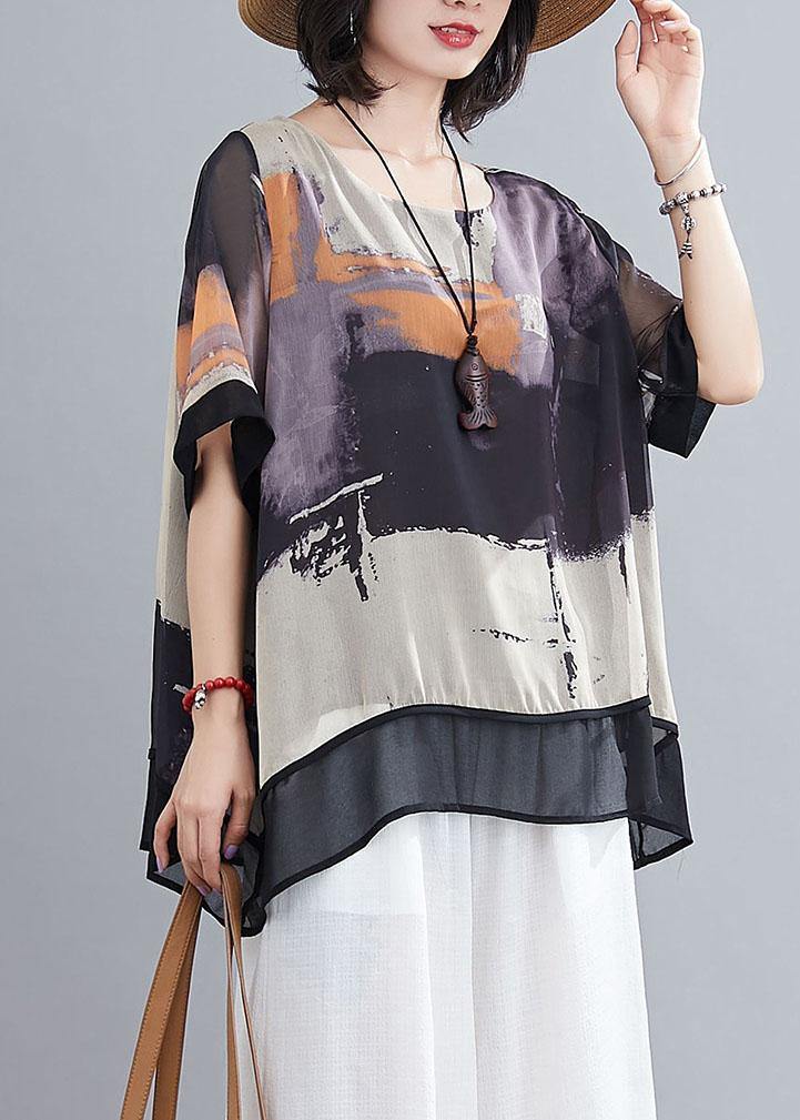 DIY Purple Print Chiffon tops White Wide Leg Summer Two Pieces Set