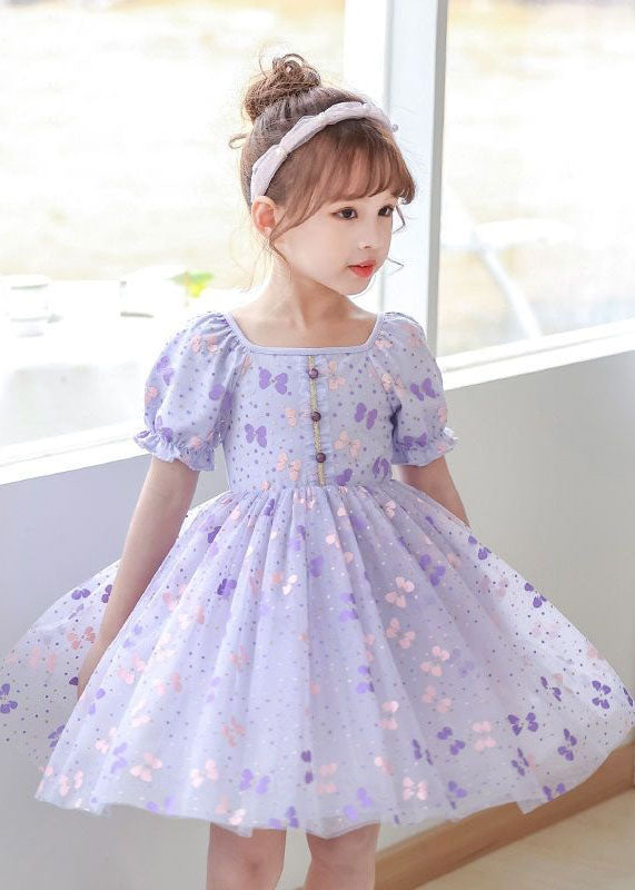 DIY Purple Square Collar Wrinkled Print Patchwork Tulle Baby Girls Dresses Summer