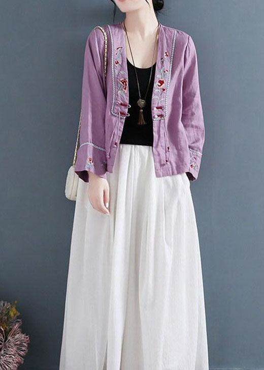 DIY Purple V Neck Embroideried Patchwork Shirts Long Sleeve