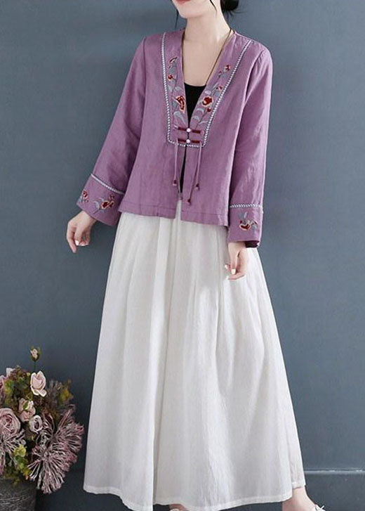 DIY Purple V Neck Embroideried Patchwork Shirts Long Sleeve