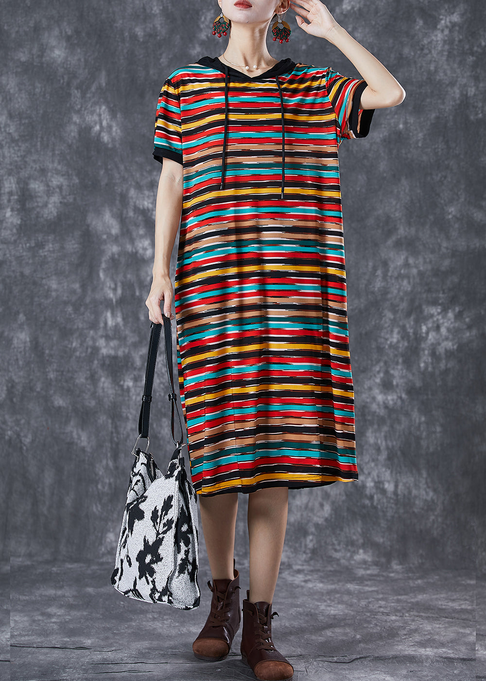 DIY Rainbow Hooded Striped Chiffon Robe Dresses Summer