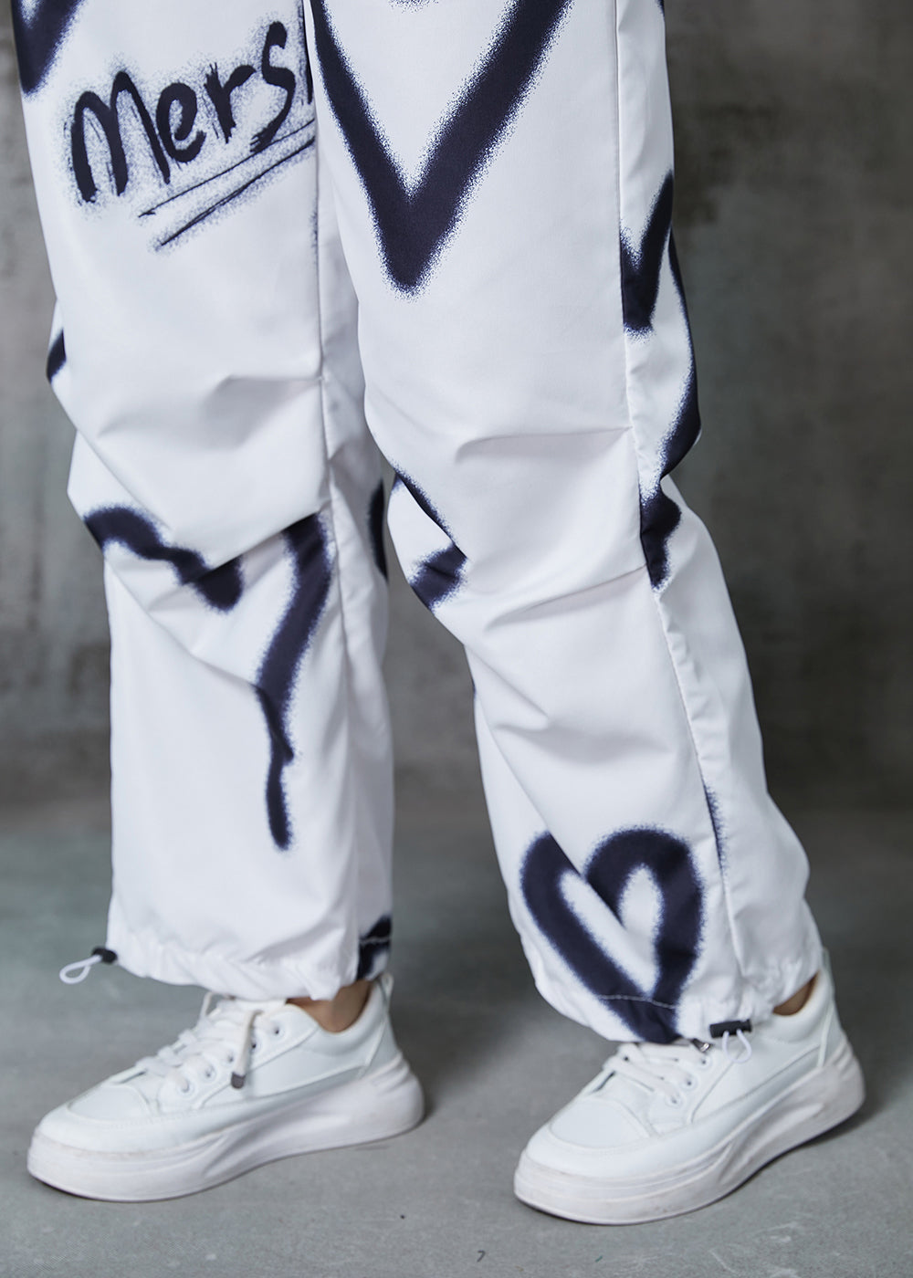 DIY White Love Painting Drawstring Cotton Pants Spring