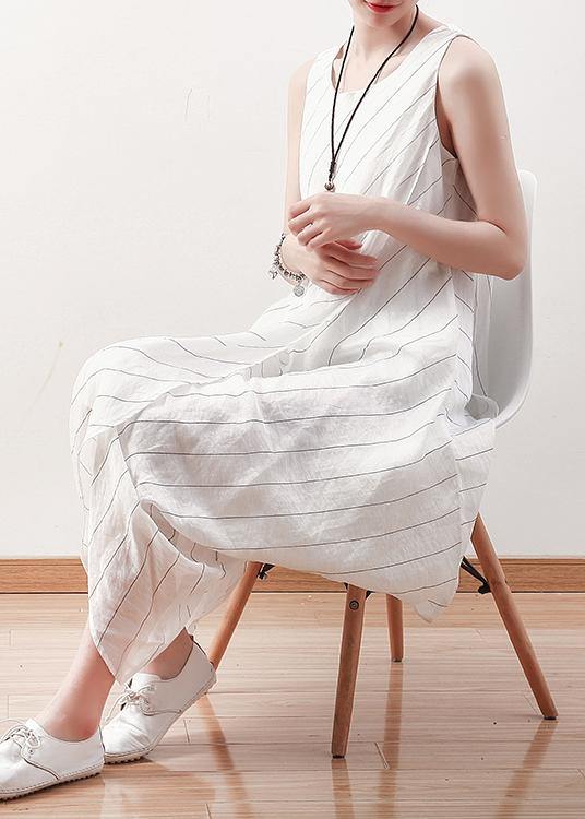 DIY asymmetric linen dresses Work white striped Dress summer