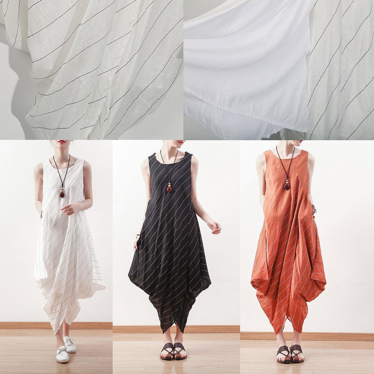 DIY asymmetric linen dresses Work white striped Dress summer