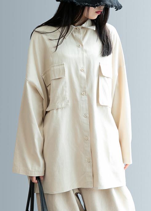 DIY beige clothes For Women lapel pockets Knee shirt