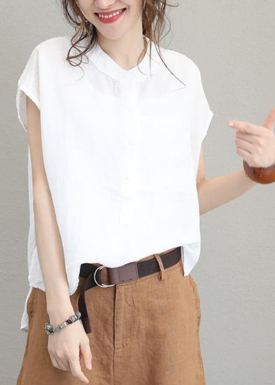 DIY beige white linen shirts women short sleeve baggy low high design tops