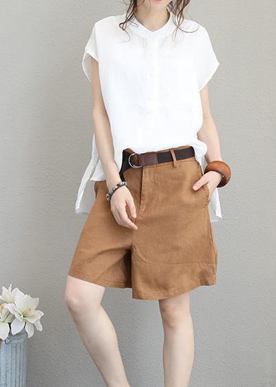 DIY beige white linen shirts women short sleeve baggy low high design tops