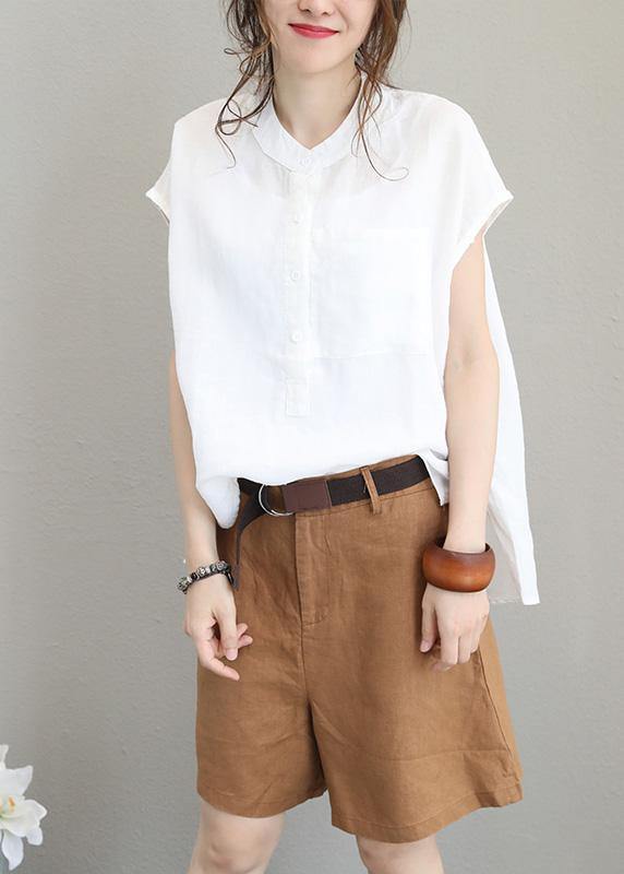 DIY beige white linen shirts women short sleeve baggy low high design tops