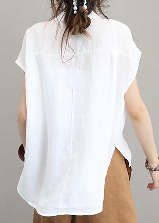 DIY beige white linen shirts women short sleeve baggy low high design tops