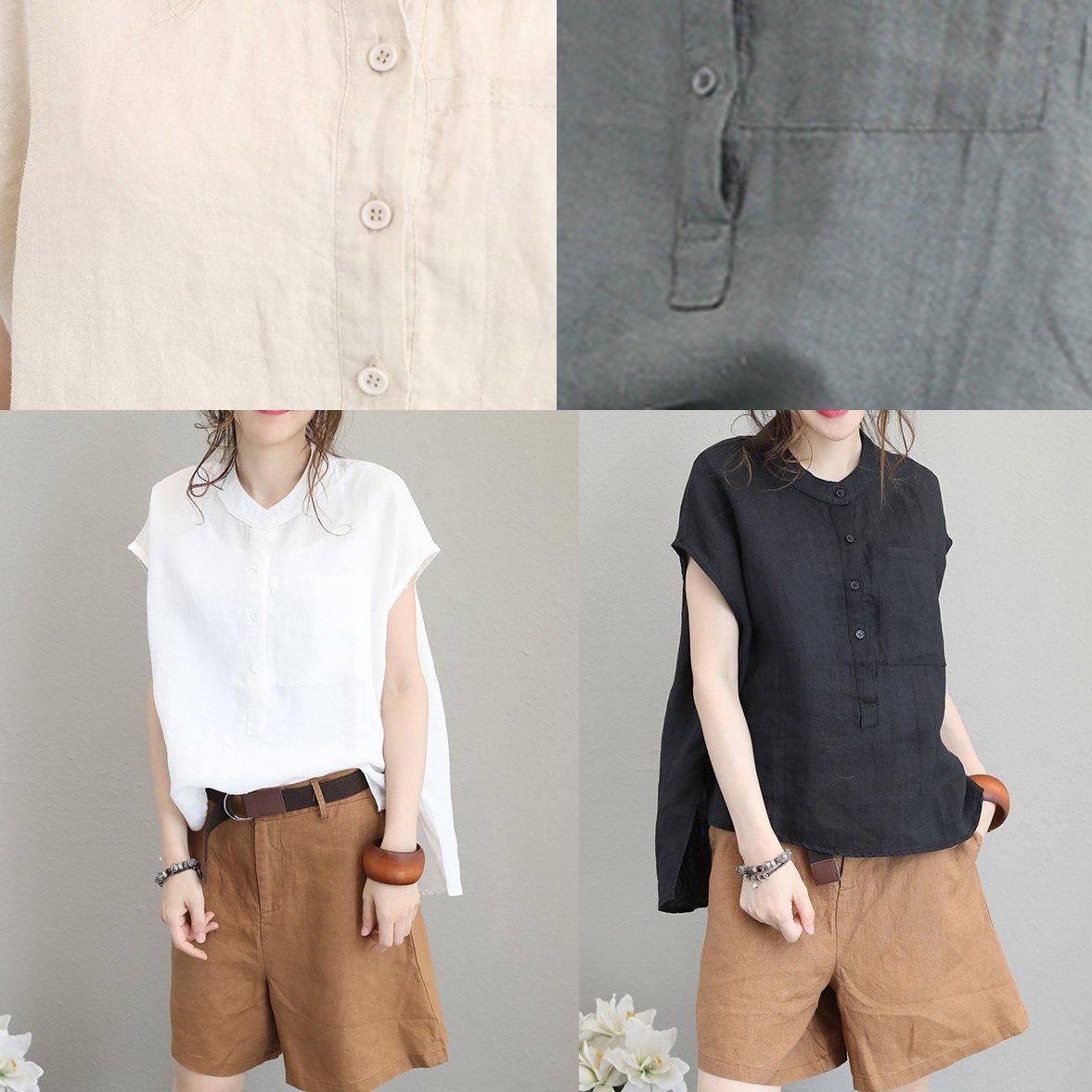 DIY beige white linen shirts women short sleeve baggy low high design tops