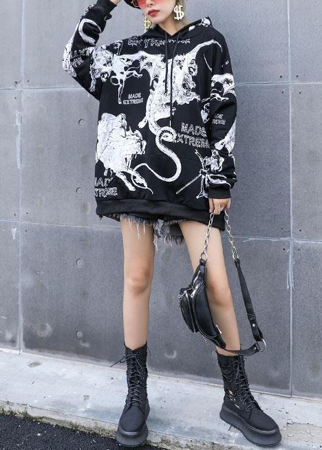 DIY black prints cotton clothes hooded loose fall T shirts