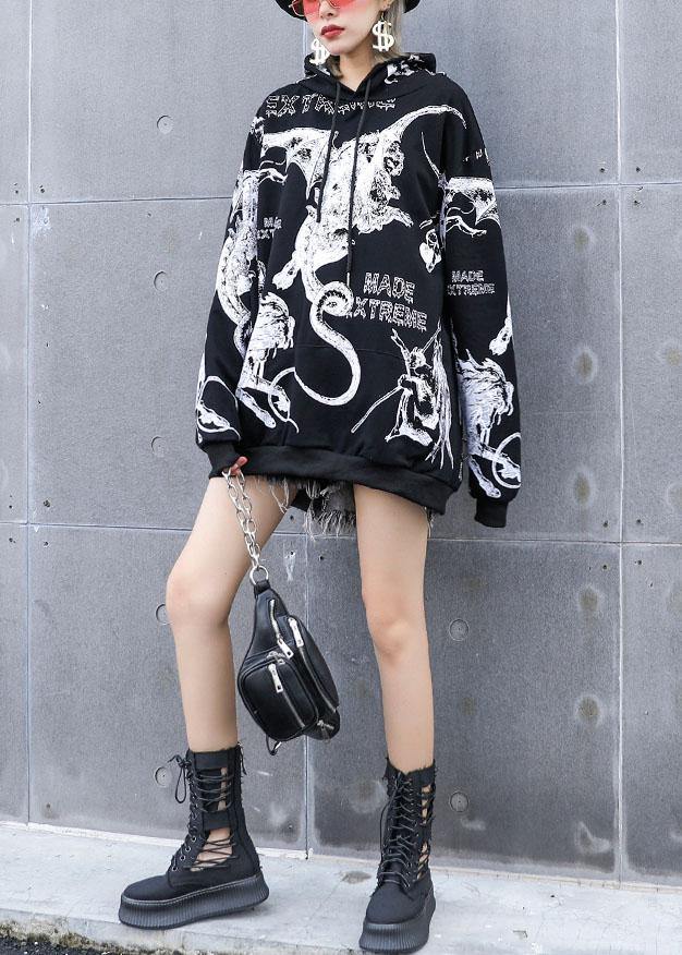 DIY black prints cotton clothes hooded loose fall T shirts