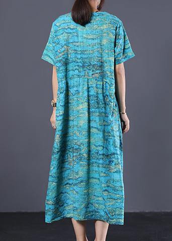 DIY blue linen dresses prints loose summer Dress