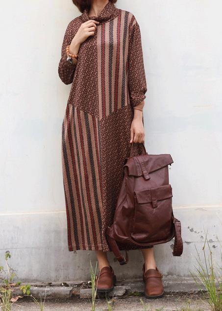 DIY brown cotton clothes high neck Traveling patchwork Dress