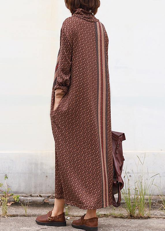 DIY brown cotton clothes high neck Traveling patchwork Dress