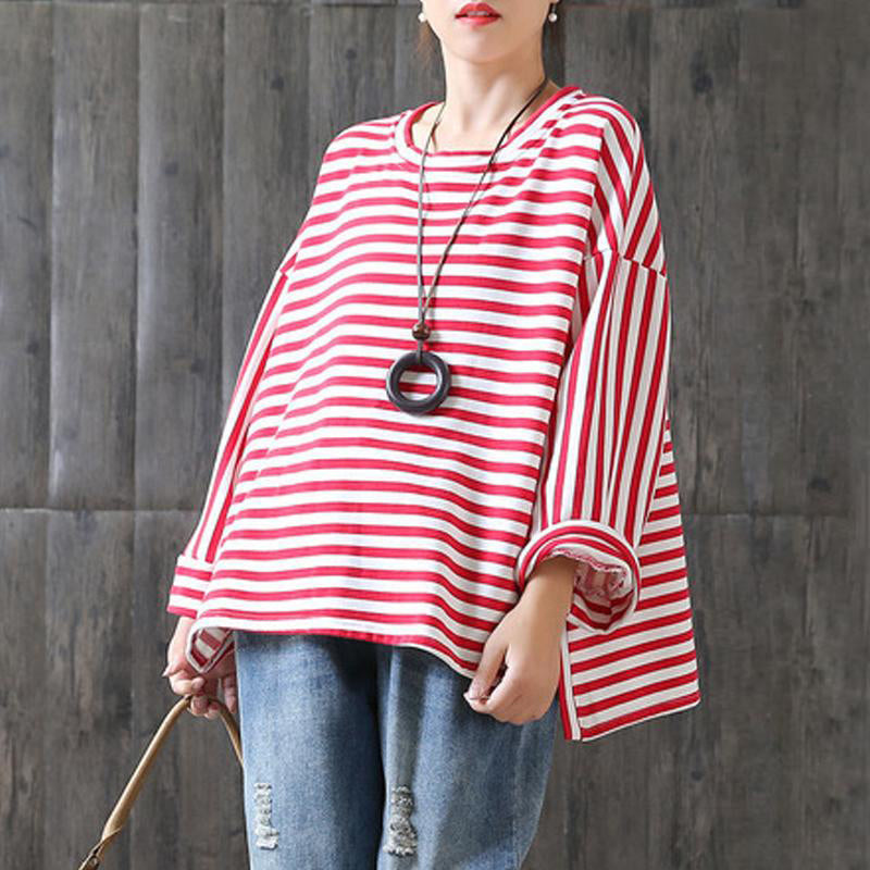 DIY cotton clothes Omychic New Loose Stripe Cotton Plus Size T-shirt