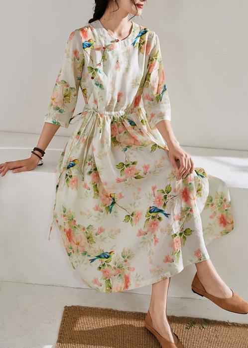 DIY floral linen clothes For Women o neck drawstring cotton Dress