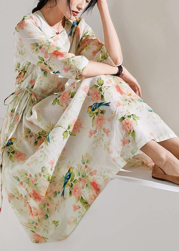 DIY floral linen clothes For Women o neck drawstring cotton Dress