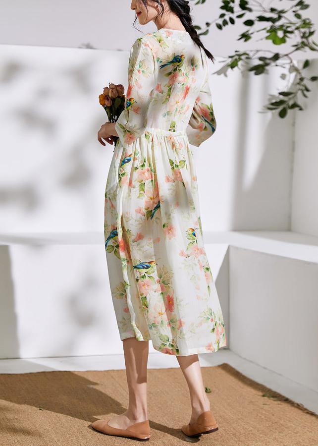 DIY floral linen clothes For Women o neck drawstring cotton Dress