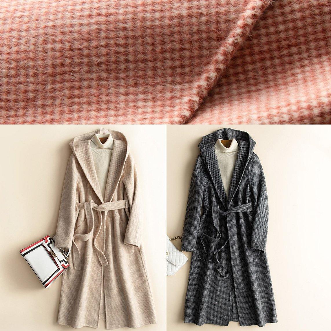 DIY hooded tie waist Plus Size casual Woolen Coats women red plaid tunic outwear