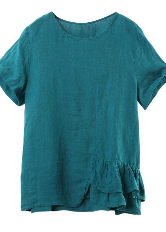 DIY o neck asymmetric linen cotton summer blue loose shirt