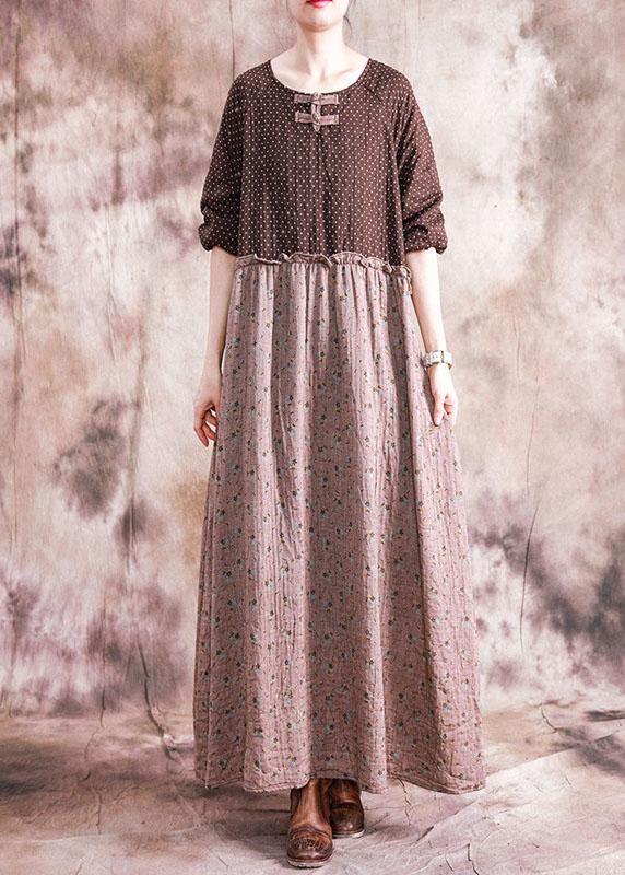 DIY o neck patchwork linen cotton clothes For Women Neckline brown print Dress fall