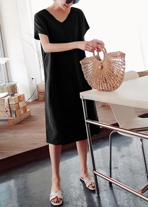 DIY o neck side open Cotton summer Tunics linen black Dress