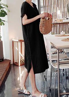 DIY o neck side open Cotton summer Tunics linen black Dress