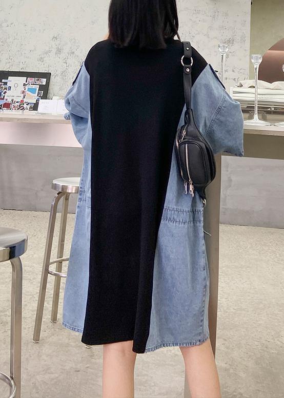 DIY o neck summer tunics for women black patchwork denim blue Dresses