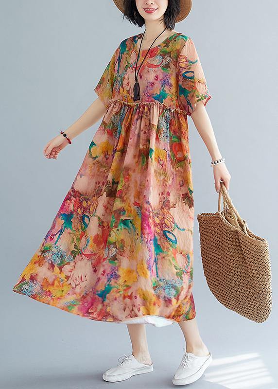 DIY o neck Cinched summer outfit Fabrics floral loose Dress