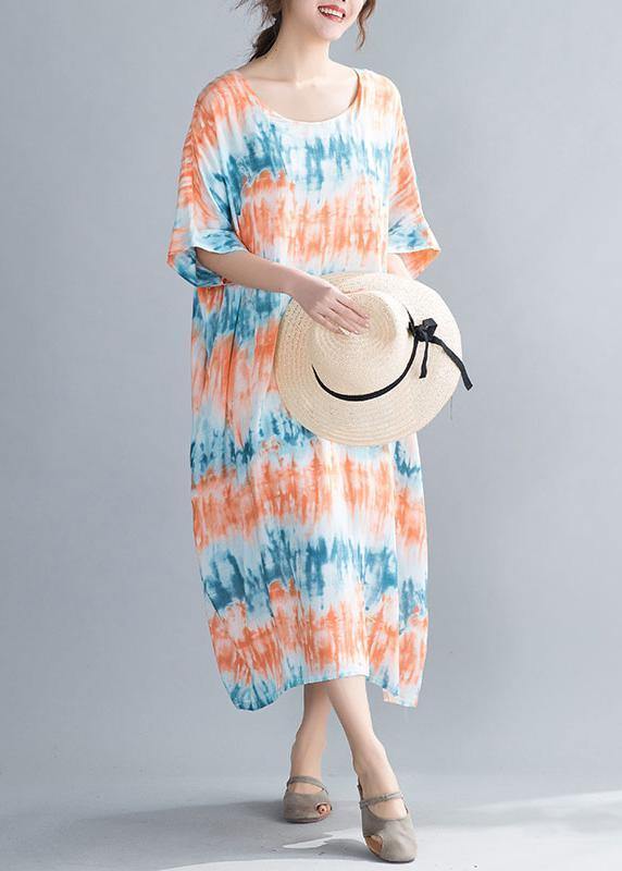 DIY orange print cotton dresses o neck Batwing Sleeve Maxi summer Dress