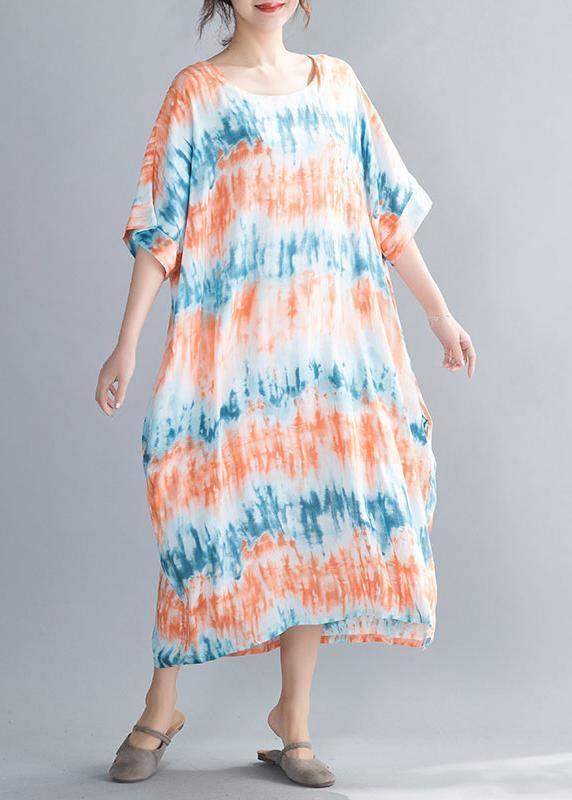 DIY orange print cotton dresses o neck Batwing Sleeve Maxi summer Dress