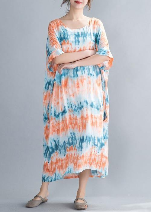 DIY orange print cotton dresses o neck Batwing Sleeve Maxi summer Dress