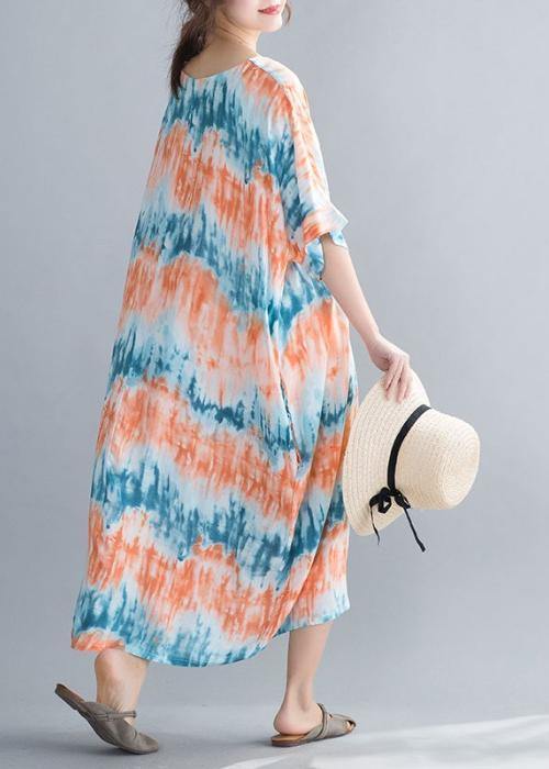 DIY orange print cotton dresses o neck Batwing Sleeve Maxi summer Dress