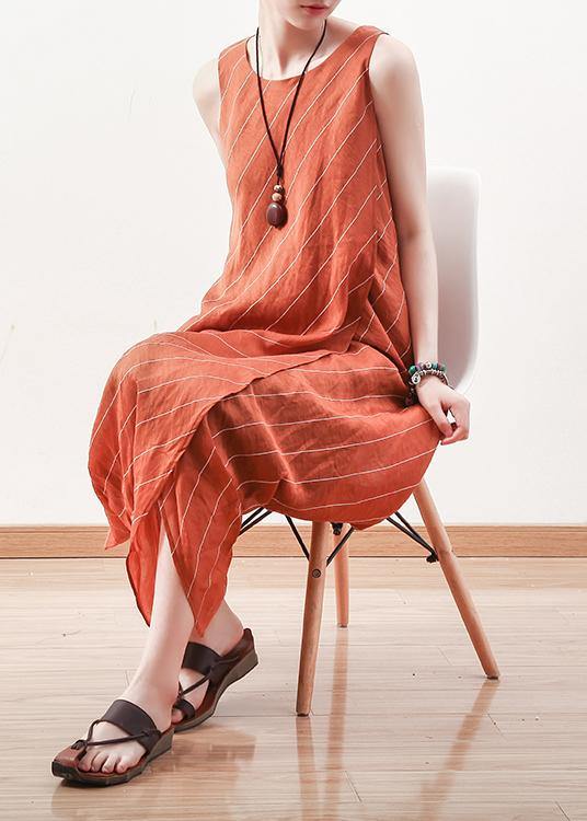 DIY sleeveless linen Long Shirts Inspiration orange o neck Dresses summer